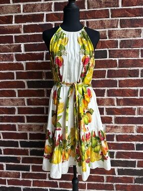 ANTONIO MELANI White Halter Midi Dress with Yellow, Green and Red Citrus Print
